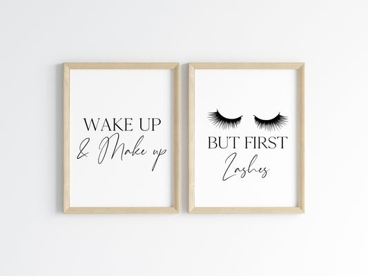 Set of 2 bedroom bathroom prints, Wake up and make up but first eyelashes unframed wall art poster prints