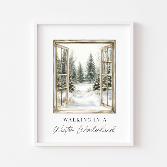 Christmas Print Watercolour snowy window walking in a winter wonder land Wall Art (unframed)