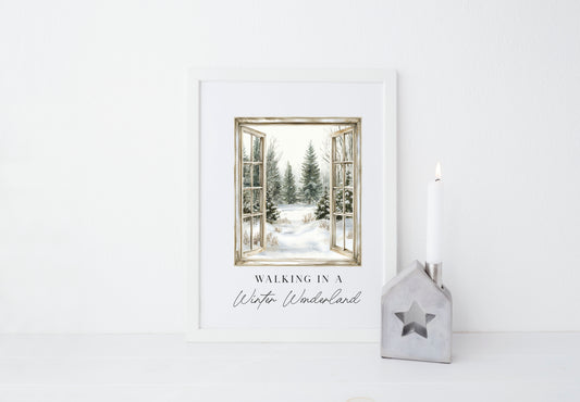 Christmas Print Watercolour snowy window walking in a winter wonder land Wall Art (unframed)