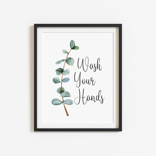 Wash your hands green blue eucalyptus botanical stem watercolour bathroom toilet unframed wall art poster print