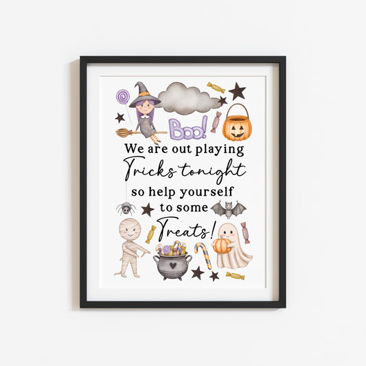 Trick or treat sign, we are out playing tricks, help yourself to some treats watercolour cute halloween sign unframed wall art poster print