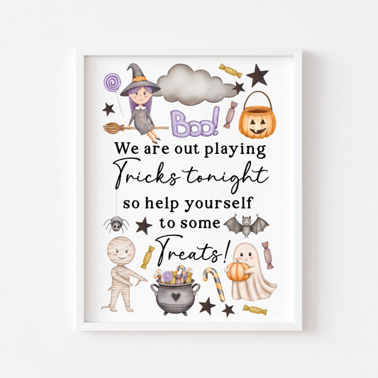 Trick or treat sign, we are out playing tricks, help yourself to some treats watercolour cute halloween sign unframed wall art poster print