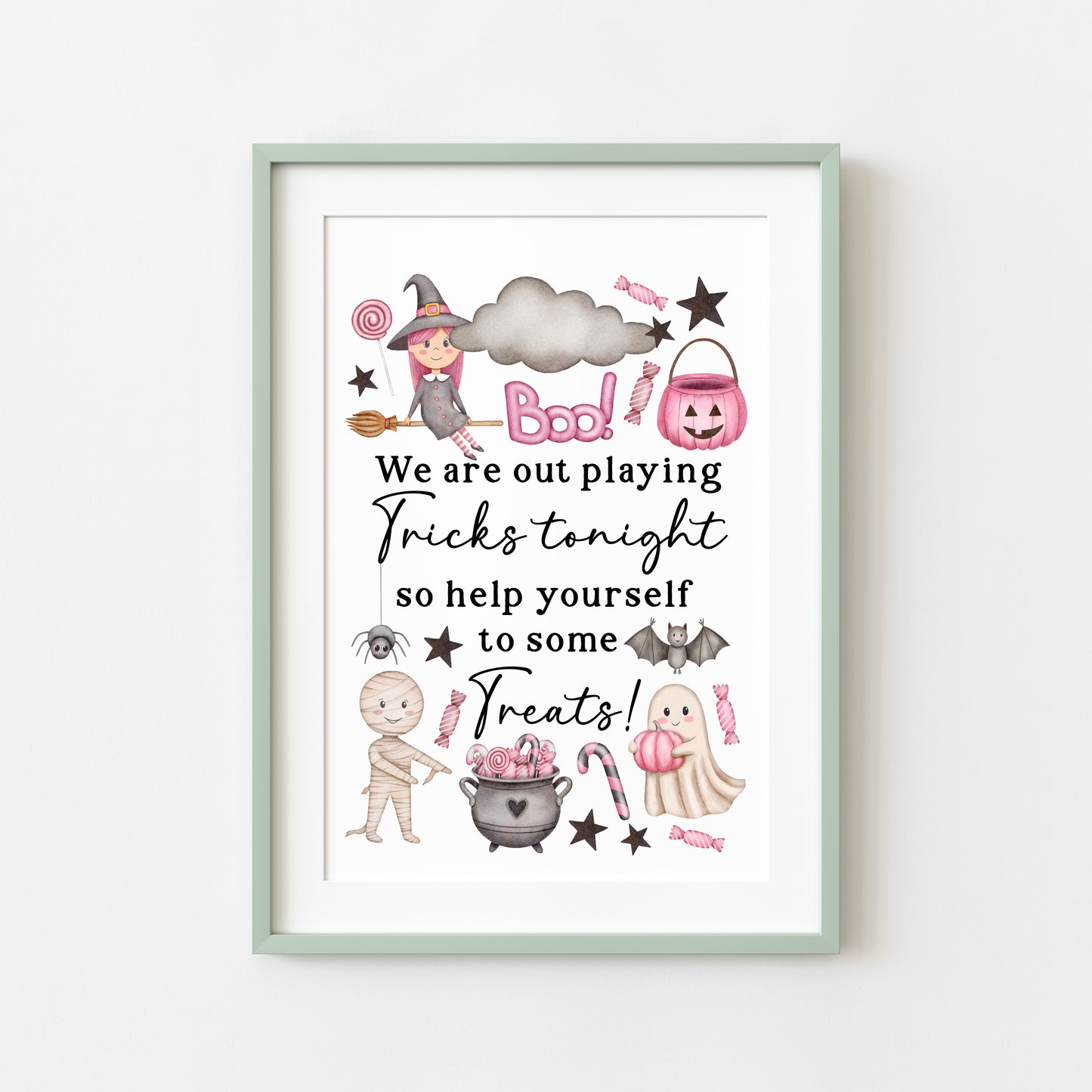 Trick or treat sign, we are out playing tricks, help yourself to some treats pink watercolour halloween sign unframed wall art poster print