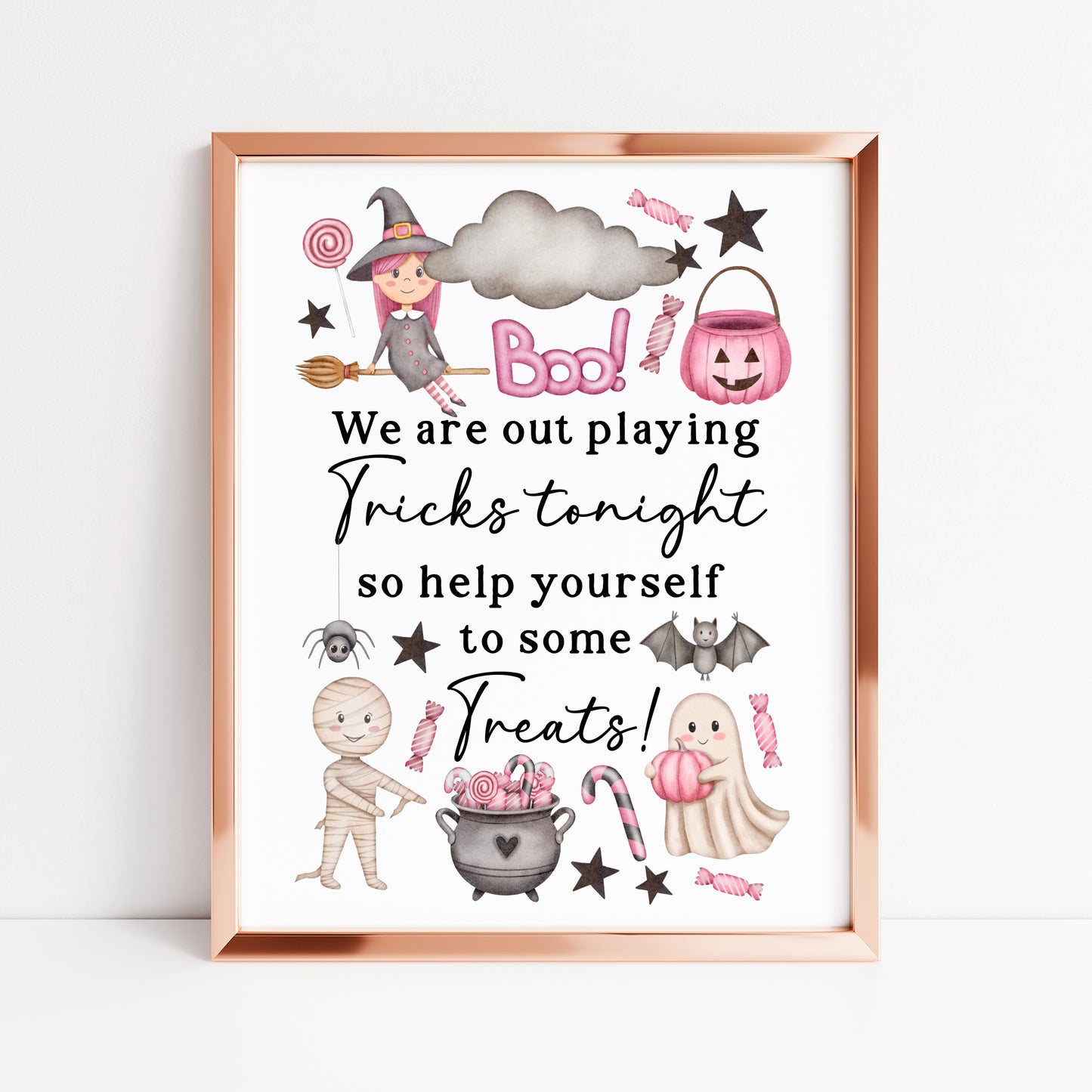 Trick or treat sign, we are out playing tricks, help yourself to some treats pink watercolour halloween sign unframed wall art poster print