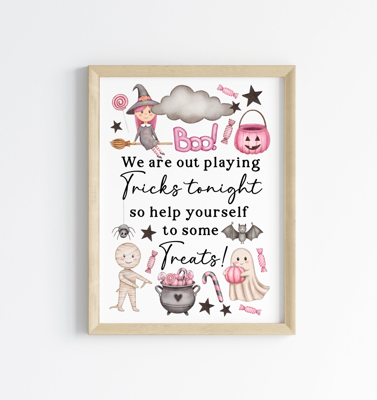 Trick or treat sign, we are out playing tricks, help yourself to some treats pink watercolour halloween sign unframed wall art poster print