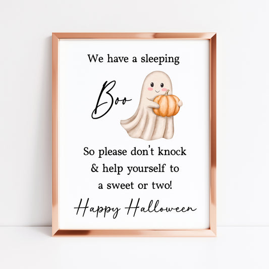 Halloween sign, baby sleeping please don't knock sleeping boo, ghost trick or treat sign watercolour cute halloween unframed wall art poster print