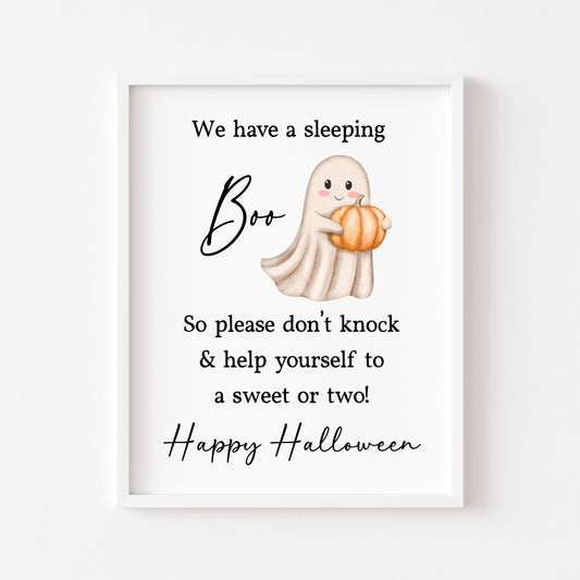 Halloween sign, baby sleeping please don't knock sleeping boo, ghost trick or treat sign watercolour cute halloween unframed wall art poster print
