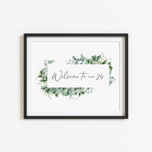 Personalised Welcome to No. green watercolour eucalyptus home unframed wall art poster print