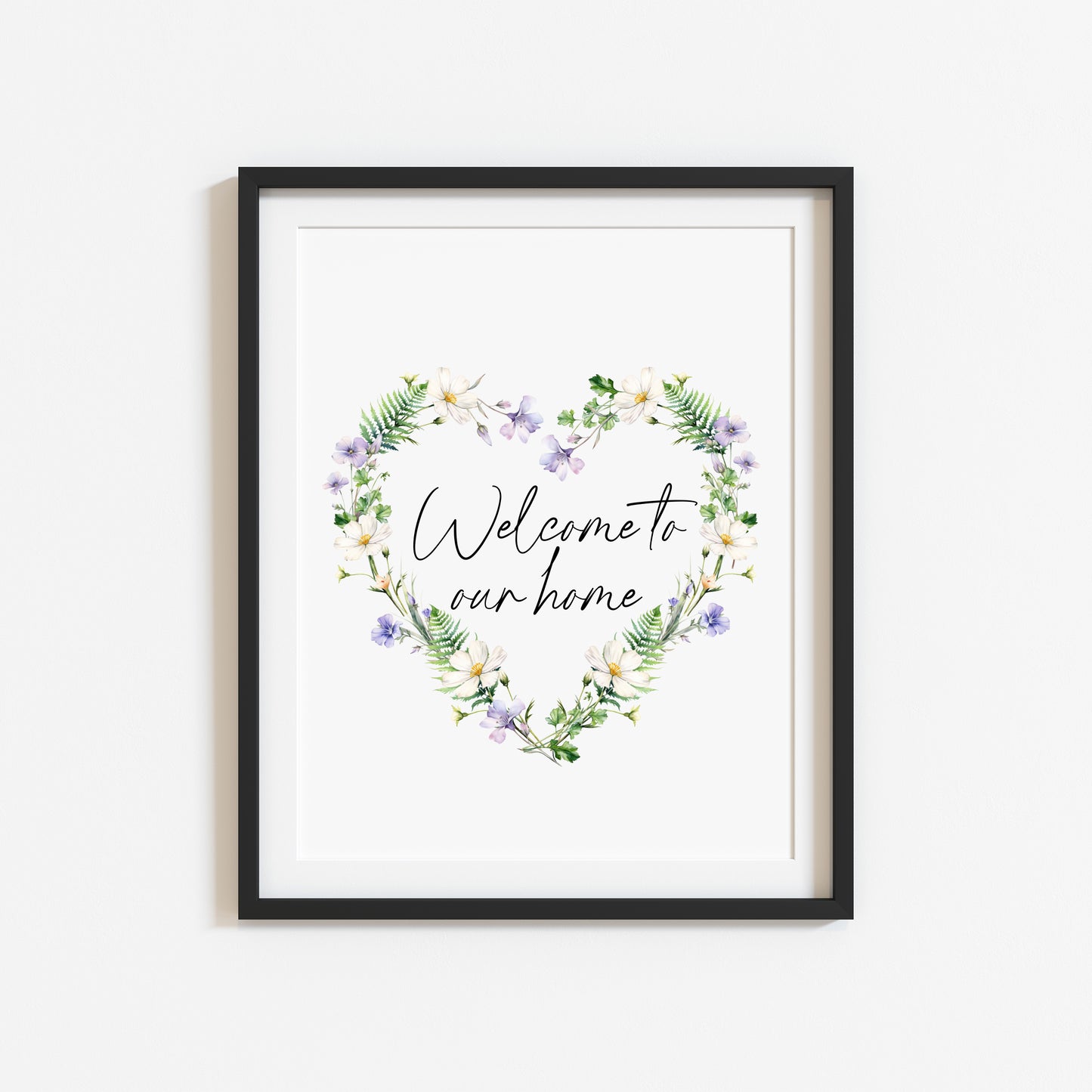Home print, welcome to our home floral wildflower heart wreath unframed wall art poster print