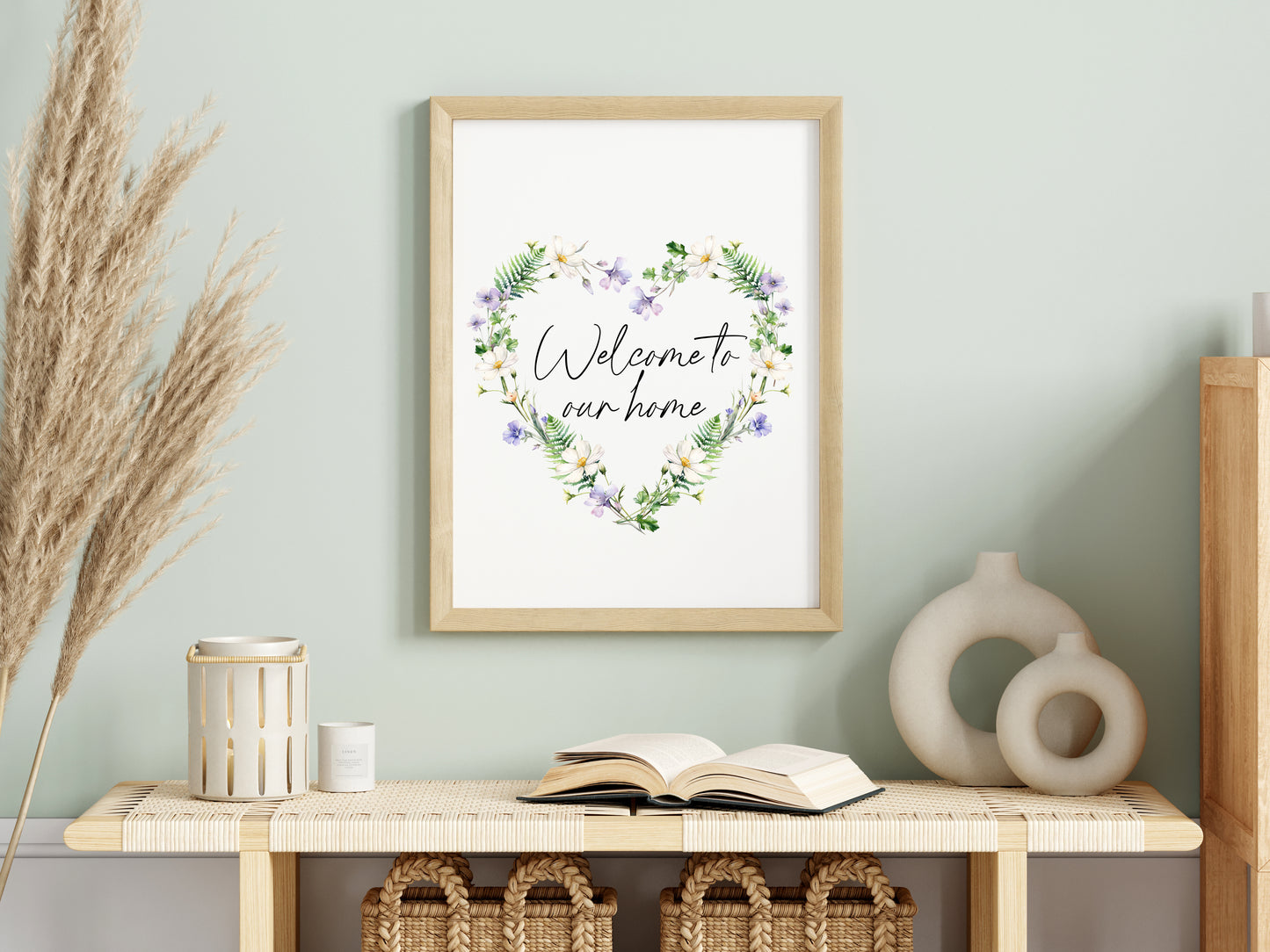 Home print, welcome to our home floral wildflower heart wreath unframed wall art poster print