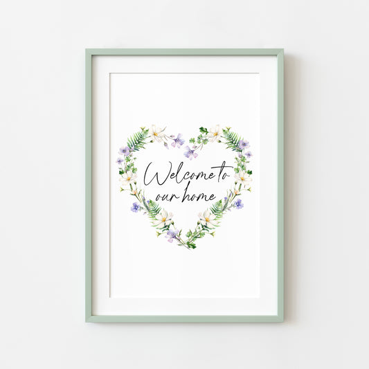 Home print, welcome to our home floral wildflower heart wreath unframed wall art poster print
