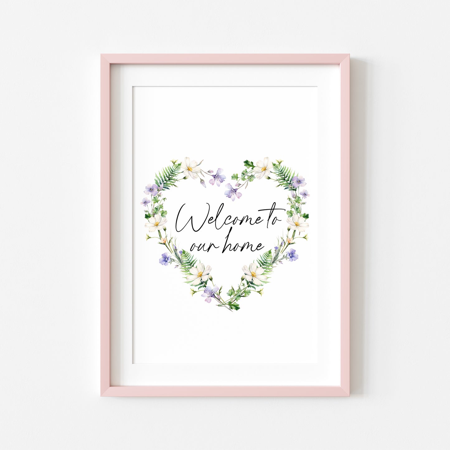 Home print, welcome to our home floral wildflower heart wreath unframed wall art poster print