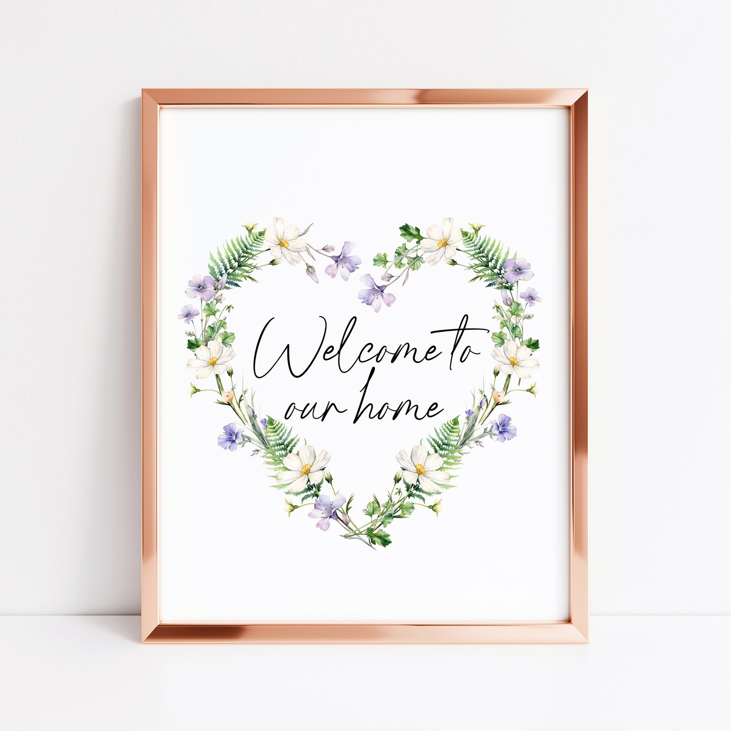 Home print, welcome to our home floral wildflower heart wreath unframed wall art poster print