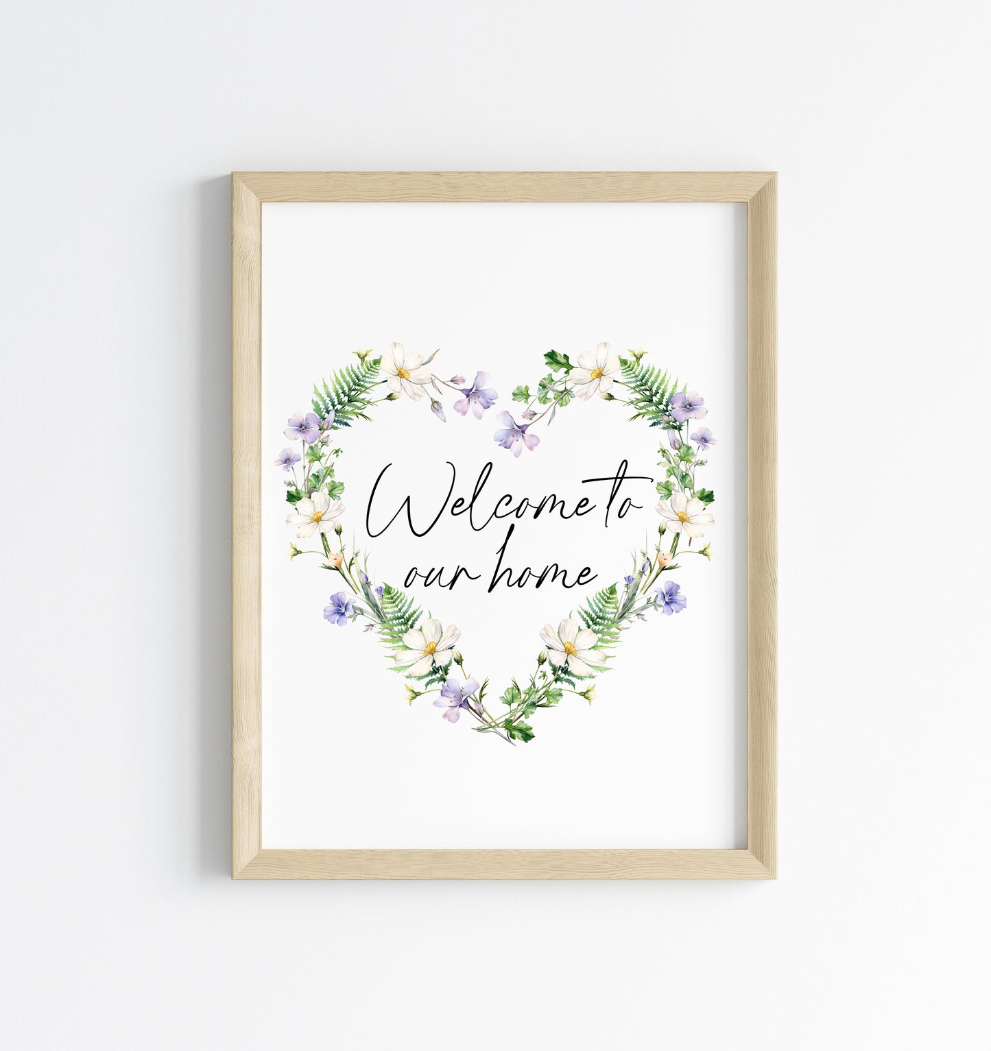 Home print, welcome to our home floral wildflower heart wreath unframed wall art poster print