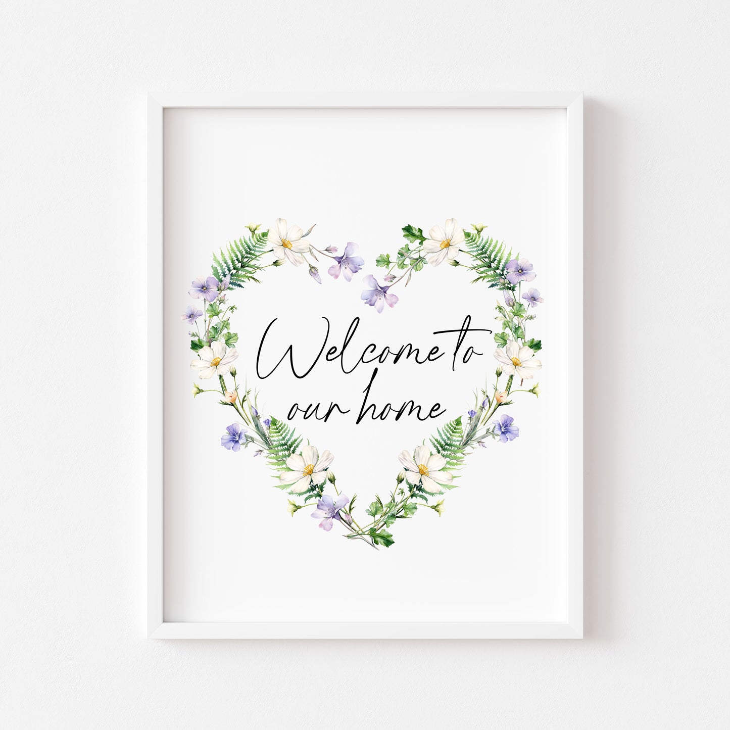 Home print, welcome to our home floral wildflower heart wreath unframed wall art poster print