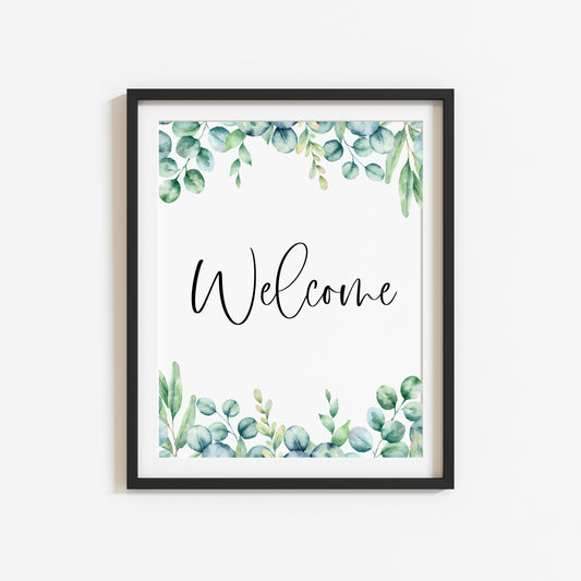 Welcome eucalyptus border watercolour home hallway unframed wall art poster print
