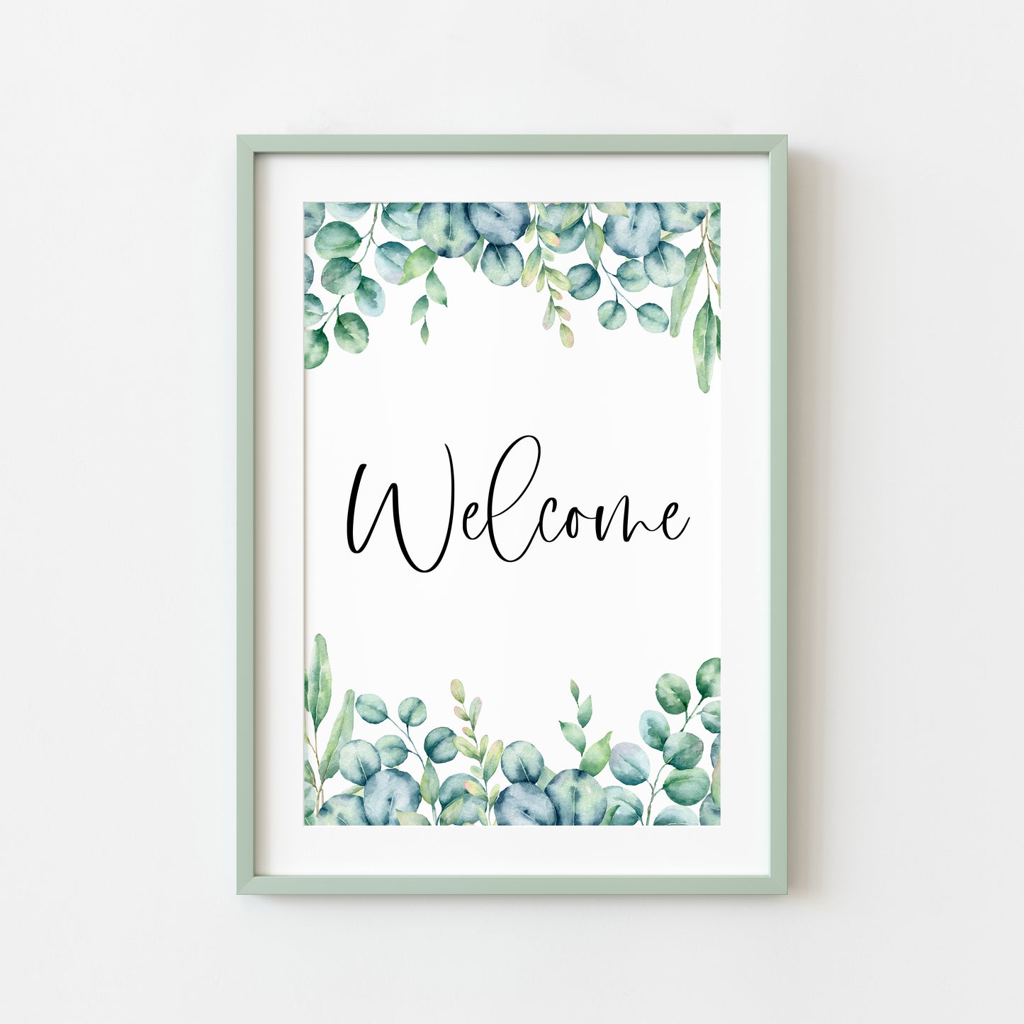 Welcome eucalyptus border watercolour home hallway unframed wall art poster print
