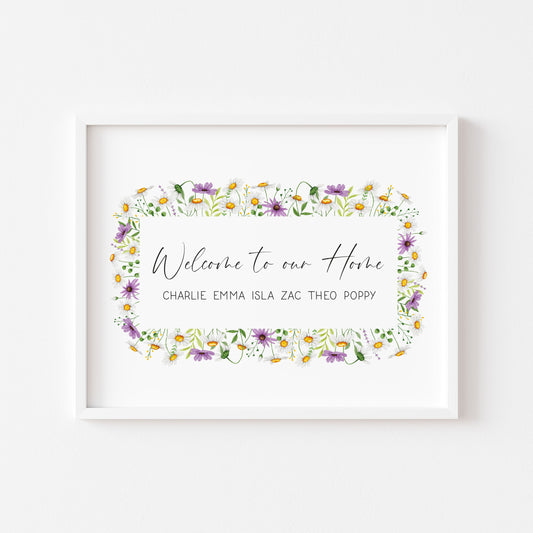 Personalised Family welcome to our home purple daises personalised with names wreath unframed Wall Art