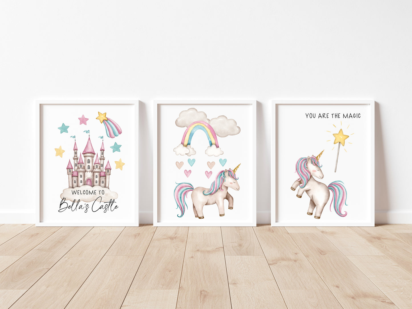Set of 3 unicorn prints pastel pink purple personalised girls bedroom wall art poster prints hearts stars castle girls nursery bedroom decor