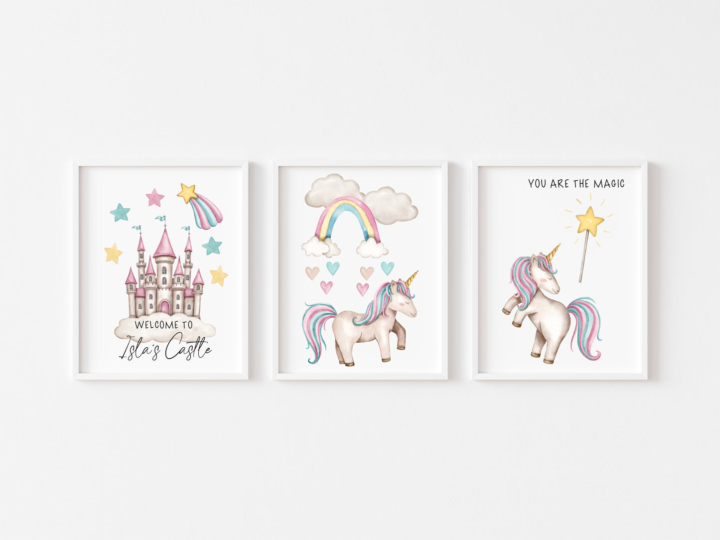 Set of 3 unicorn prints pastel pink purple personalised girls bedroom wall art poster prints hearts stars castle girls nursery bedroom decor