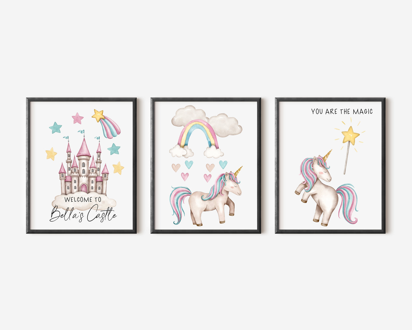 Set of 3 unicorn prints pastel pink purple personalised girls bedroom wall art poster prints hearts stars castle girls nursery bedroom decor