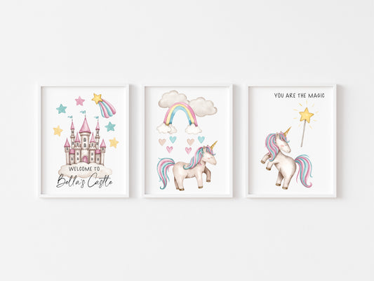 Set of 3 unicorn prints pastel pink purple personalised girls bedroom wall art poster prints hearts stars castle girls nursery bedroom decor
