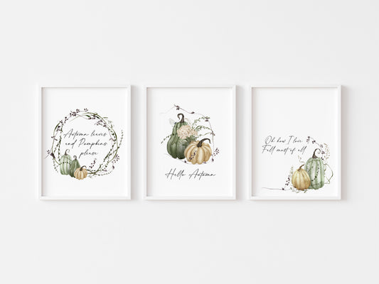 Set of 3 Autumn prints, green cream watercolour pumpkin seasonal unframed wall art poster prints