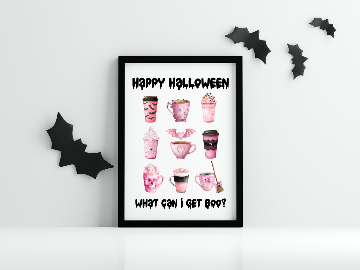 Halloween print, Happy Halloween, what can I get BOO? Cute pink halloween drinks sign unframed wall art poster print, halloween spooky sign