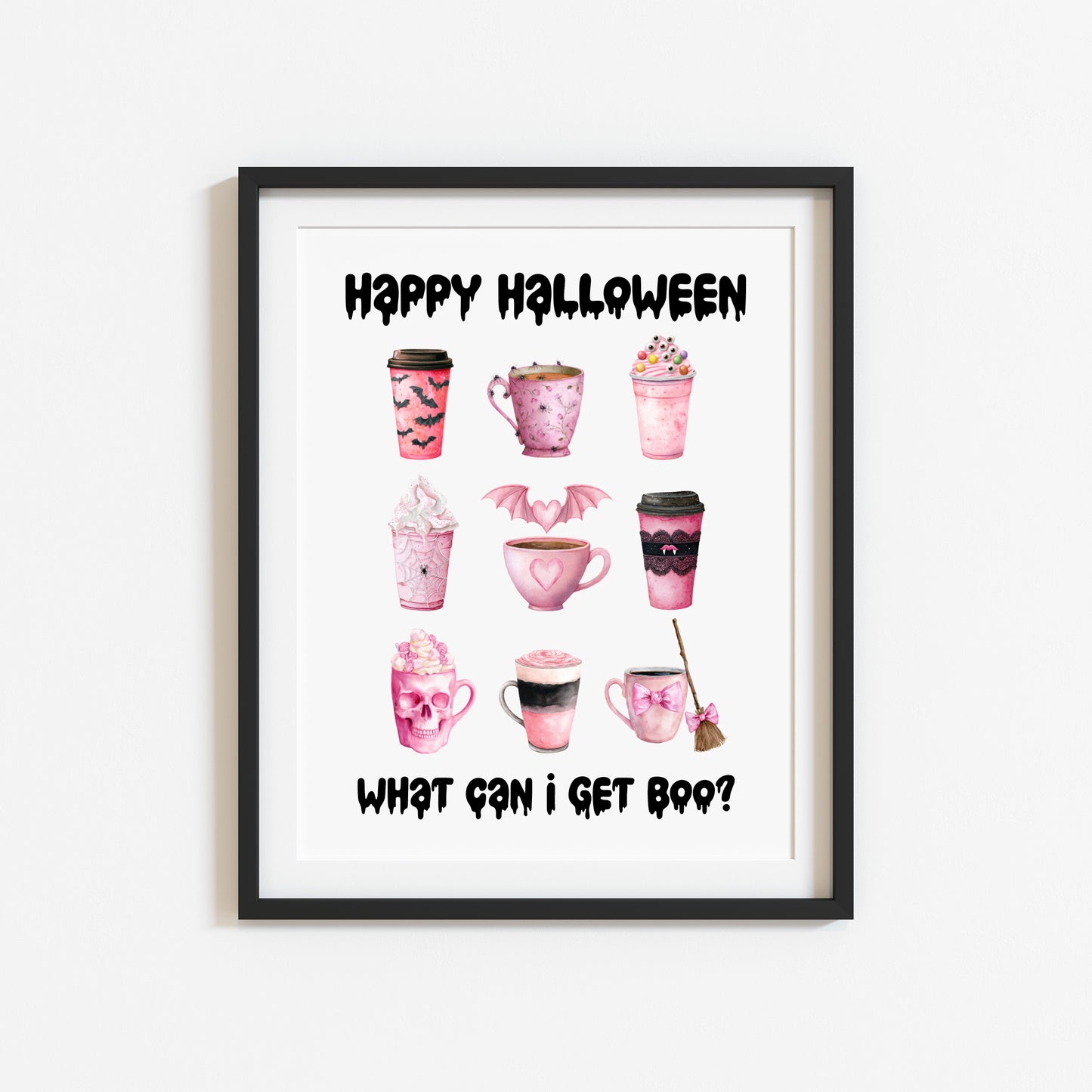 Halloween print, Happy Halloween, what can I get BOO? Cute pink halloween drinks sign unframed wall art poster print, halloween spooky sign