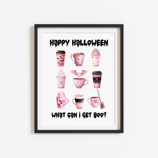 Halloween print, Happy Halloween, what can I get BOO? Cute pink halloween drinks sign unframed wall art poster print, halloween spooky sign