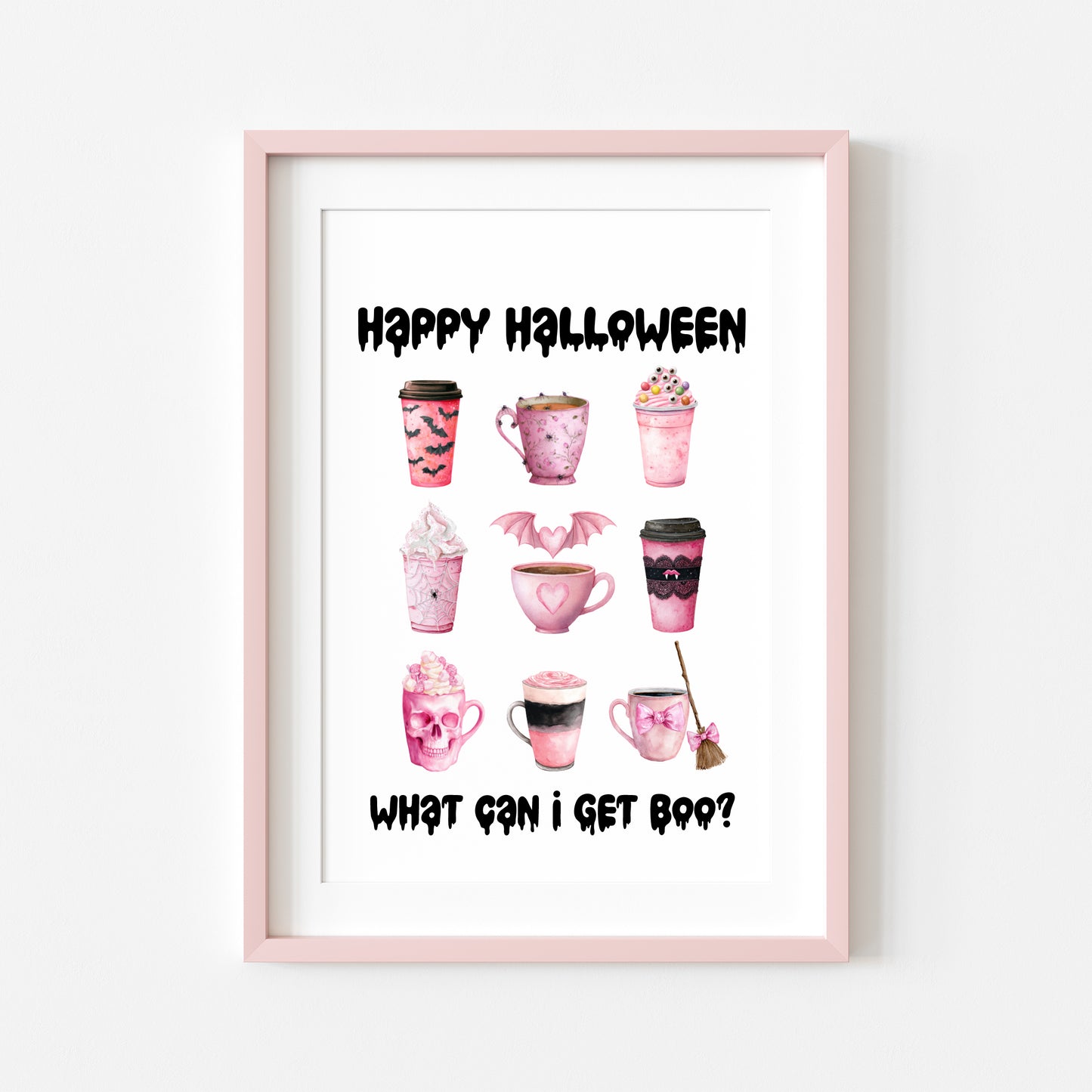 Halloween print, Happy Halloween, what can I get BOO? Cute pink halloween drinks sign unframed wall art poster print, halloween spooky sign