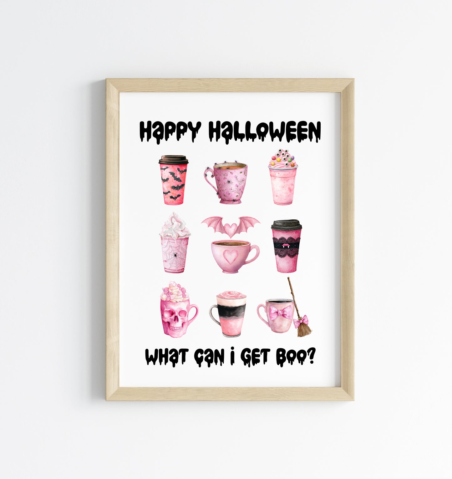 Halloween print, Happy Halloween, what can I get BOO? Cute pink halloween drinks sign unframed wall art poster print, halloween spooky sign
