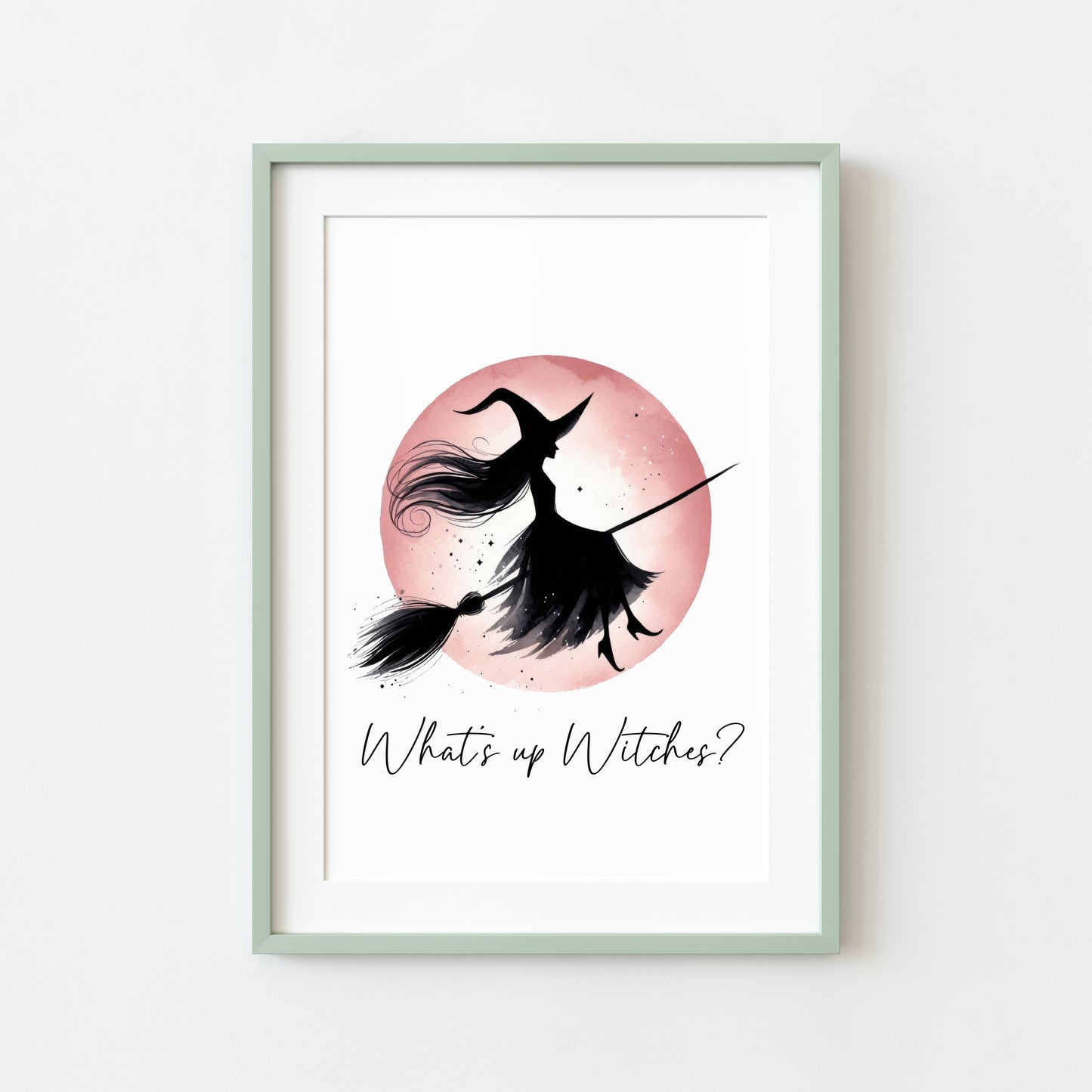 What's up witches? Halloween print pink red witch watercolour celestial halloween unframed wall art poster print, halloween witch print