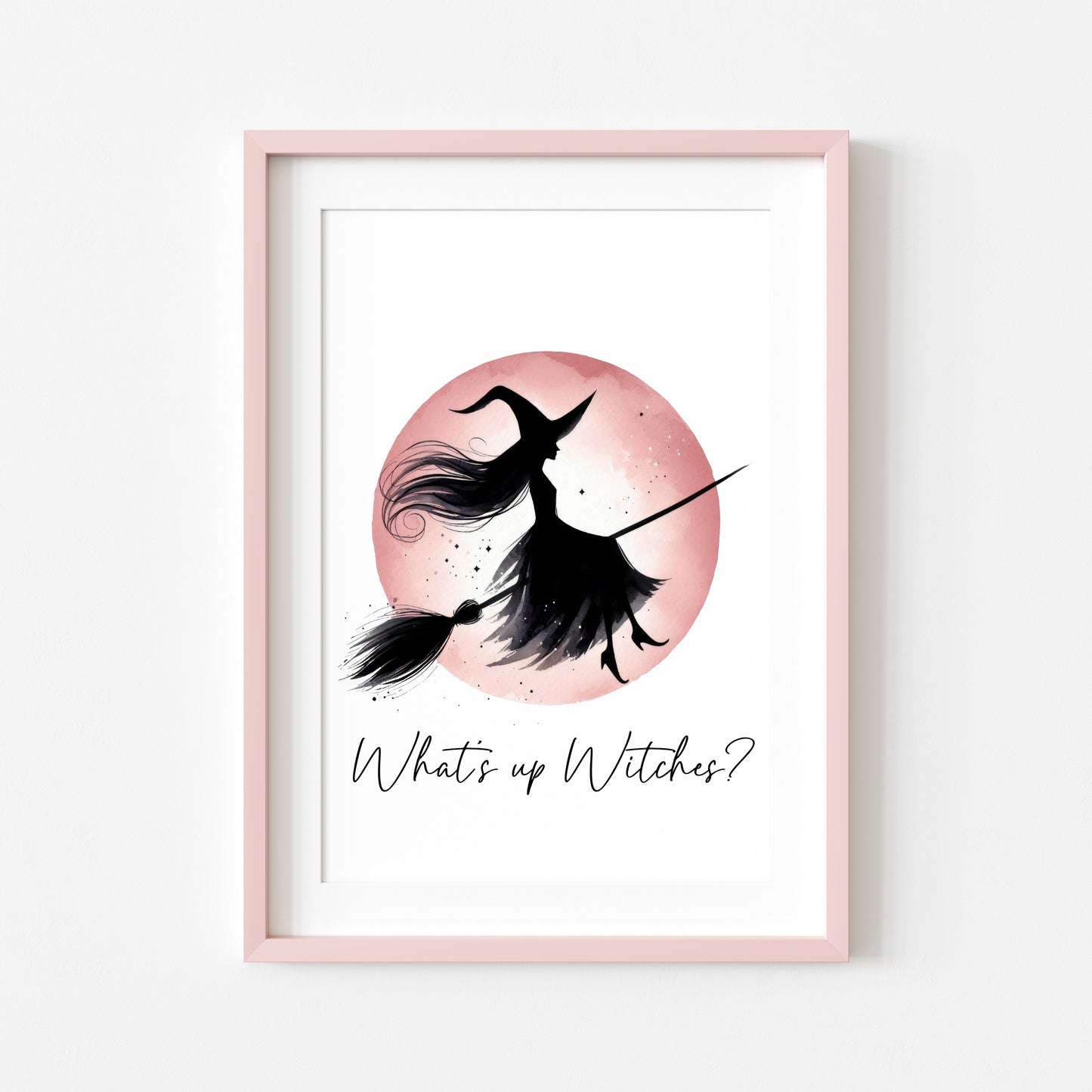 What's up witches? Halloween print pink red witch watercolour celestial halloween unframed wall art poster print, halloween witch print