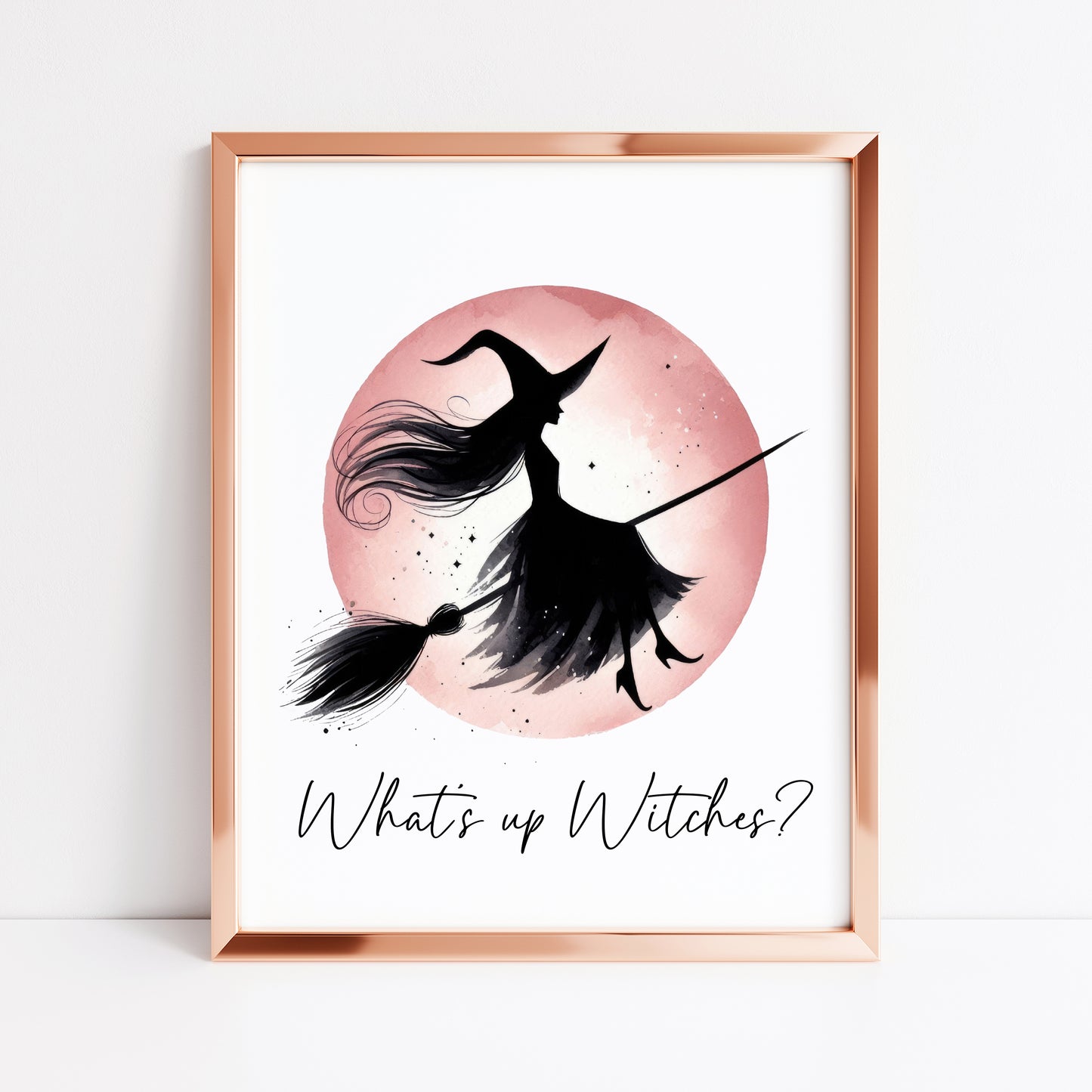 What's up witches? Halloween print pink red witch watercolour celestial halloween unframed wall art poster print, halloween witch print