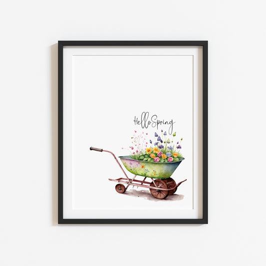 Hello Spring, spring time floral wheelbarow illustration seasonal unframed wall art poster print