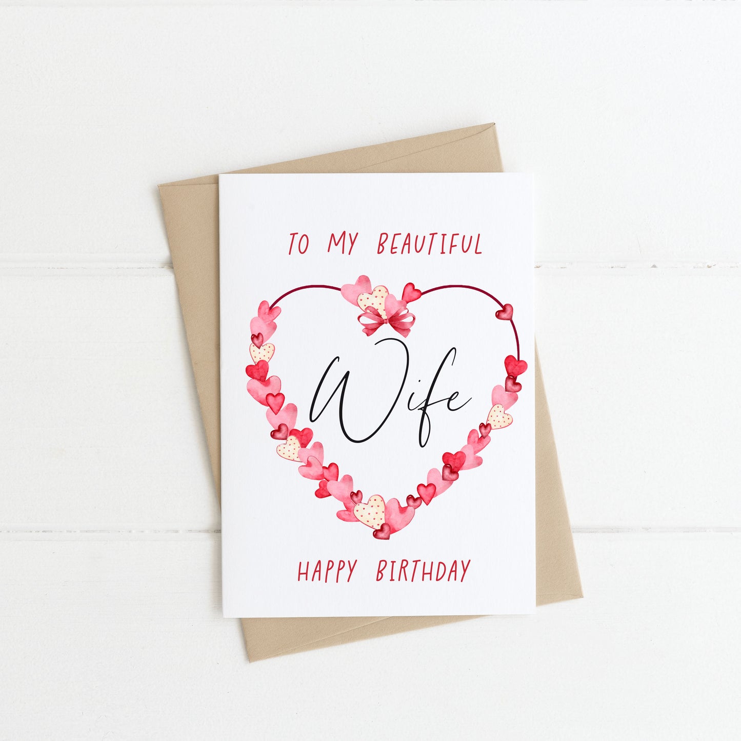 Wife birthday card to my beautiful wife happy birthday wife love couples partner red pink heart wreath with envelope kraft brown/white
