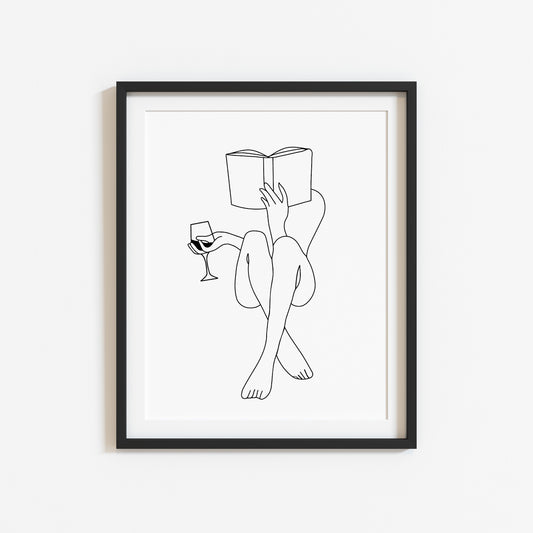 Wine & book woman line drawing office kitchen bedroom unframed wall art print, gift ideas, office decor, line drawing woman body bedroom art