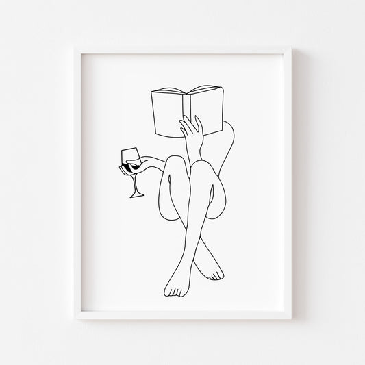 Wine & book woman line drawing office kitchen bedroom unframed wall art print, gift ideas, office decor, line drawing woman body bedroom art