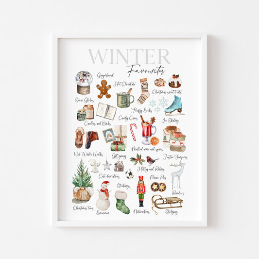 Christmas print, winter favourites, winter description xmas seasonal watercolour illustrationsunframed wall art poster print