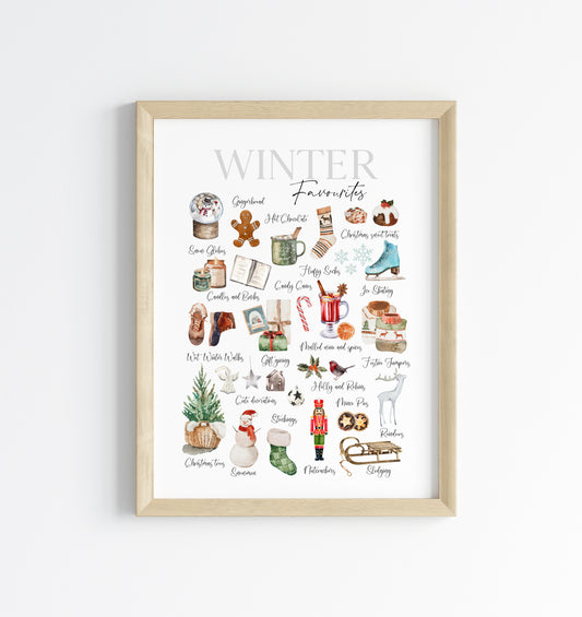 Christmas print, winter favourites, winter description xmas seasonal watercolour illustrationsunframed wall art poster print