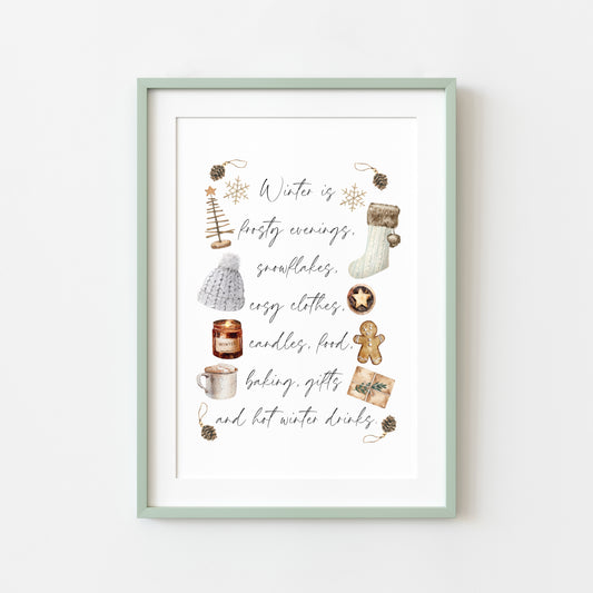 Winter Favourites, Christmas favourites, Xmas activities, watercolour winter seasonal unframed wall art poster print