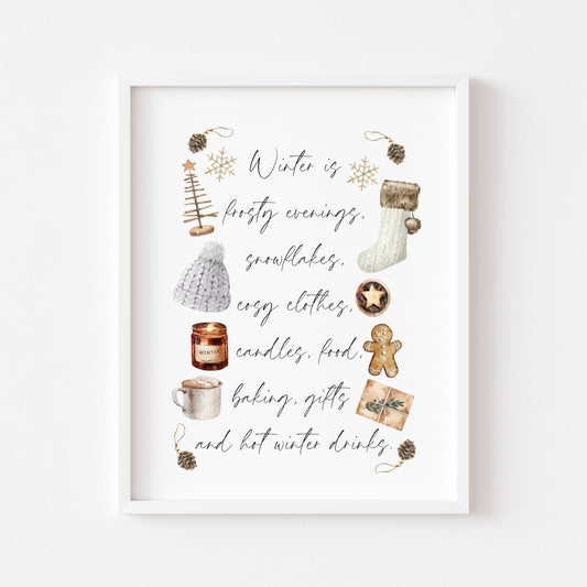 Winter Favourites, Christmas favourites, Xmas activities, watercolour winter seasonal unframed wall art poster print