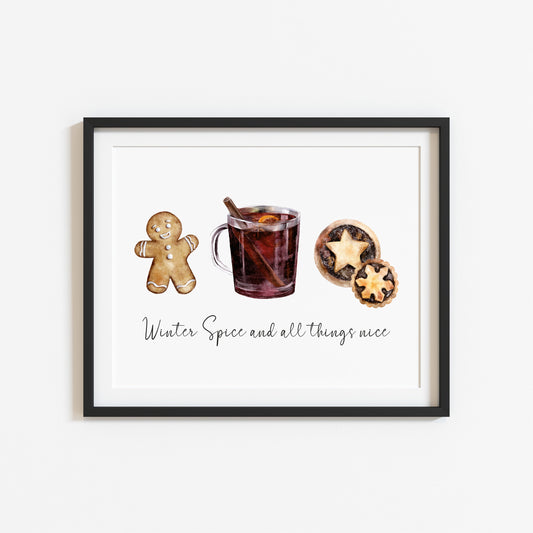 Winter Spice and all things nice watercolour christmas illustration seasonal unframed wall art poster print