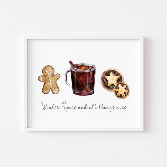 Winter Spice and all things nice watercolour christmas illustration seasonal unframed wall art poster print