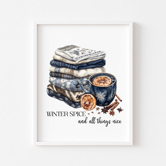 Winter spice art Christmas Blue cosy knit Watercolour seasonal unframed wall art poster print