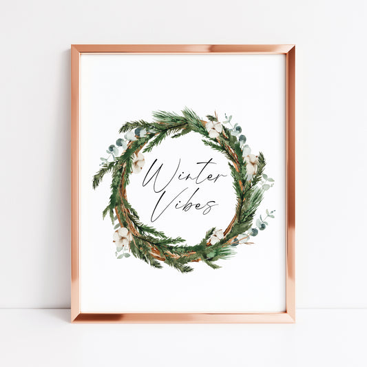 Winter Vibes Christmas watercolour eucalyptus cotton wreath seasonal unframed wall art poster print