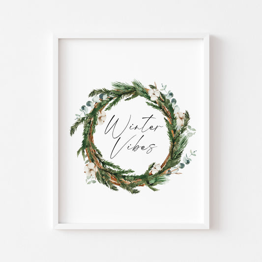 Winter Vibes Christmas watercolour eucalyptus cotton wreath seasonal unframed wall art poster print