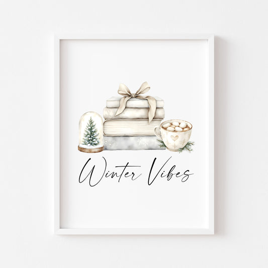 Christmas Print Watercolour beige & green Winter Vibes Holiday seasonal Wall Art (unframed)