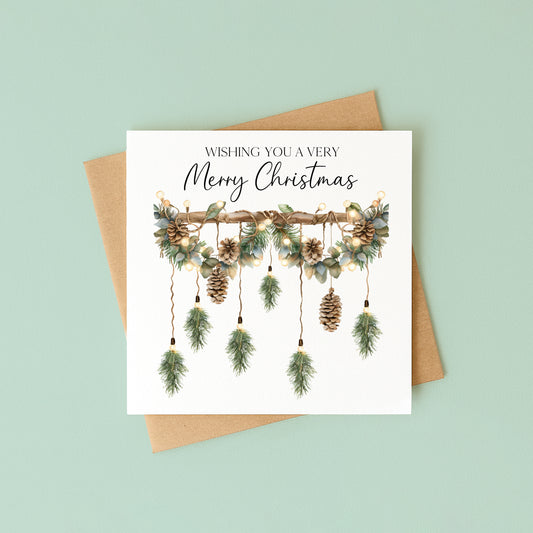 Christmas Card Green Xmas Acorns & foliage hanging decoration watercolour unique card (with Envelope)